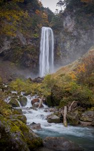 Превью обои водопад, поток, камни, мох, скала