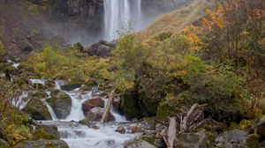 Превью обои водопад, поток, камни, мох, скала