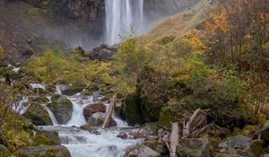 Превью обои водопад, поток, камни, мох, скала