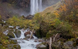 Превью обои водопад, поток, камни, мох, скала