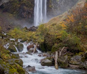 Превью обои водопад, поток, камни, мох, скала