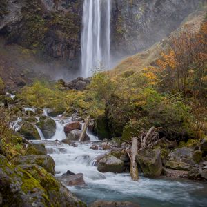 Превью обои водопад, поток, камни, мох, скала