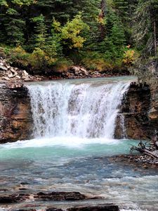 Превью обои водопад, поток, кусты, скалы, деревья