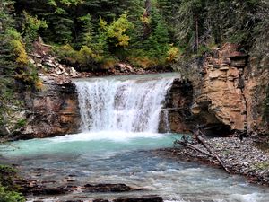 Превью обои водопад, поток, кусты, скалы, деревья