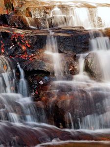 Превью обои водопад, поток, листья, камни, течение, яркие