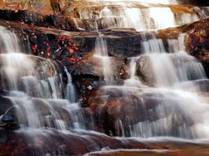 Превью обои водопад, поток, листья, камни, течение, яркие