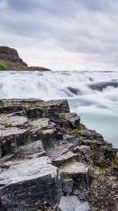 Превью обои водопад, поток, скалы, камни, небо