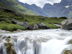 Превью обои водопад, поток, вода, камни, скалы