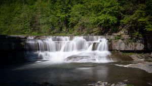 Превью обои водопад, поток, вода, деревья, лес