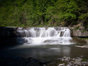 Превью обои водопад, поток, вода, деревья, лес