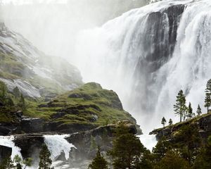 Превью обои водопад, потоки, лес, сила, мощь, туман, шум, влажность