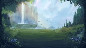 Превью обои водопад, птицы, лес, фэнтези, арт