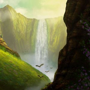Превью обои водопад, птицы, скалы, арт