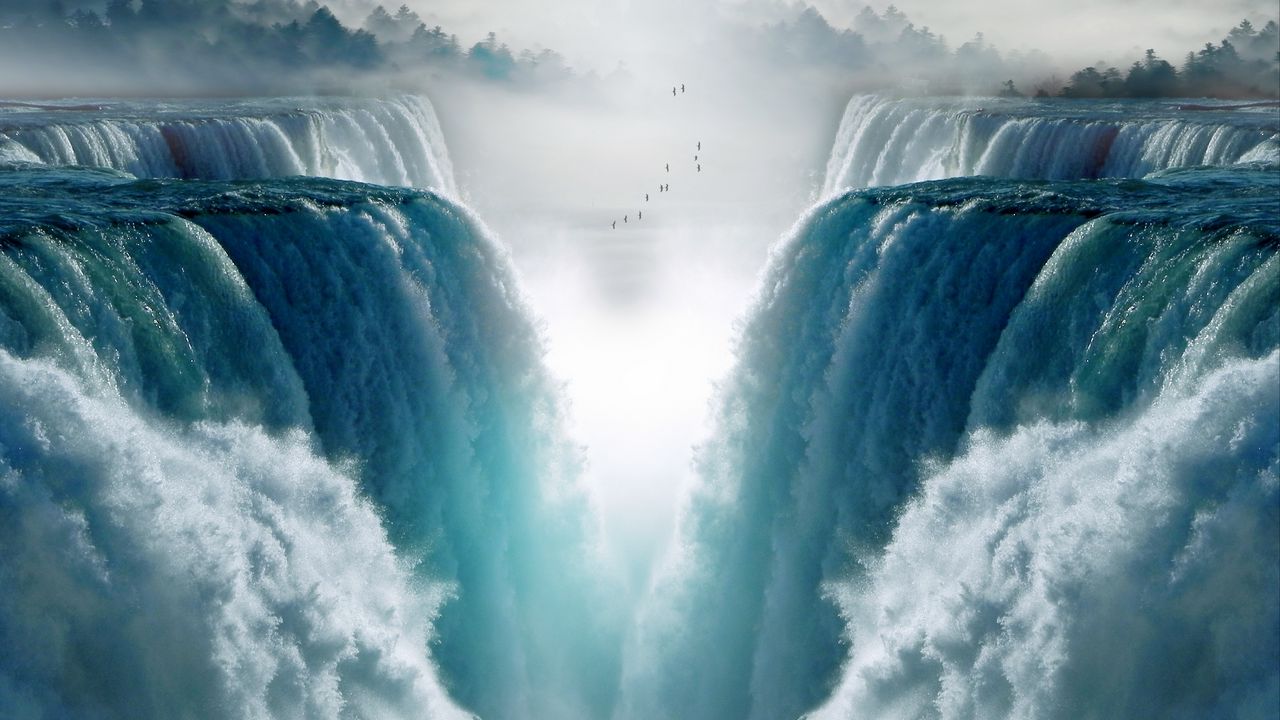 Обои водопад, птицы, туман, обрыв, вода