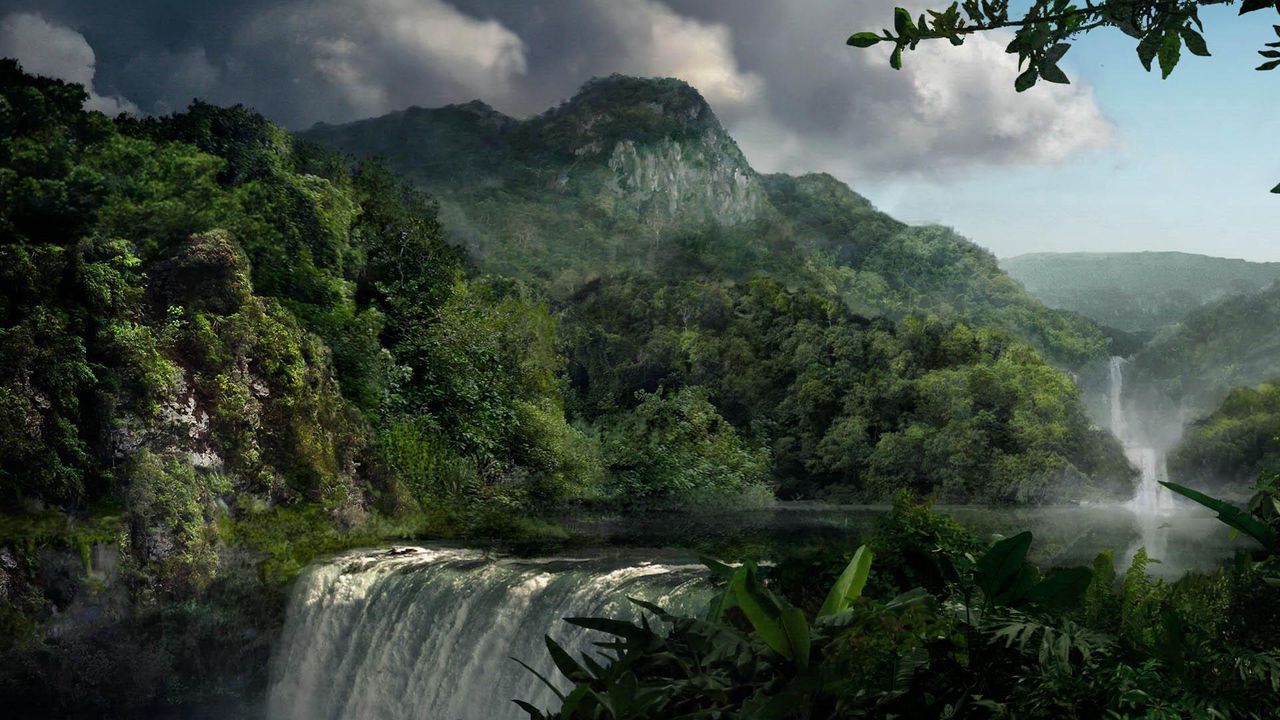 Обои водопад, растительность, лес, зеленый, тучи, перед дождем