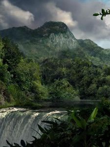 Превью обои водопад, растительность, лес, зеленый, тучи, перед дождем