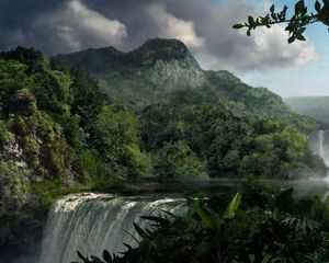 Превью обои водопад, растительность, лес, зеленый, тучи, перед дождем