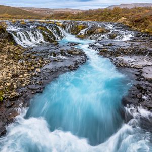 Превью обои водопад, река, берег, камни, пейзаж