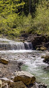 Превью обои водопад, река, деревья, камни, лес, природа
