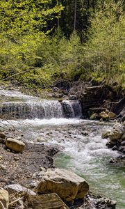 Превью обои водопад, река, деревья, камни, лес, природа