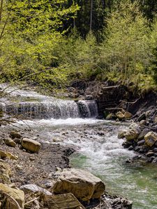 Превью обои водопад, река, деревья, камни, лес, природа