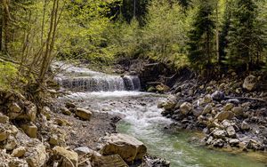 Превью обои водопад, река, деревья, камни, лес, природа