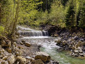 Превью обои водопад, река, деревья, камни, лес, природа