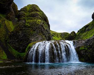 Превью обои водопад, река, камни, течение