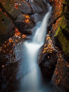 Превью обои водопад, река, камни, листья, вода