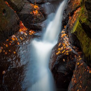 Превью обои водопад, река, камни, листья, вода