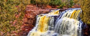 Превью обои водопад, река, камни, деревья, hdr