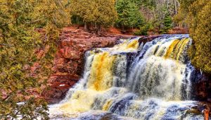 Превью обои водопад, река, камни, деревья, hdr