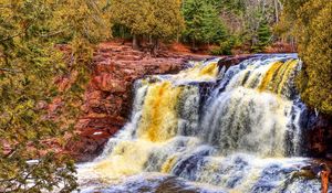 Превью обои водопад, река, камни, деревья, hdr