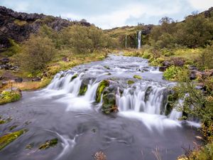 Превью обои водопад, река, каскад, деревья, пейзаж