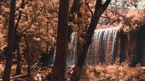 Превью обои водопад, река, лес, деревья, осень