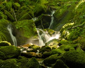 Превью обои водопад, река, мох, камни, природа