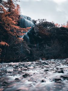 Превью обои водопад, река, обрыв, вода, камни, деревья