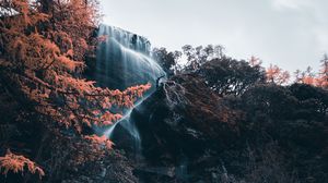 Превью обои водопад, река, обрыв, вода, камни, деревья