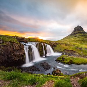 Превью обои водопад, река, природа, закат