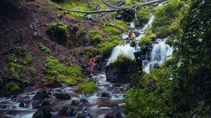 Превью обои водопад, река, растения, камни, лес, природа