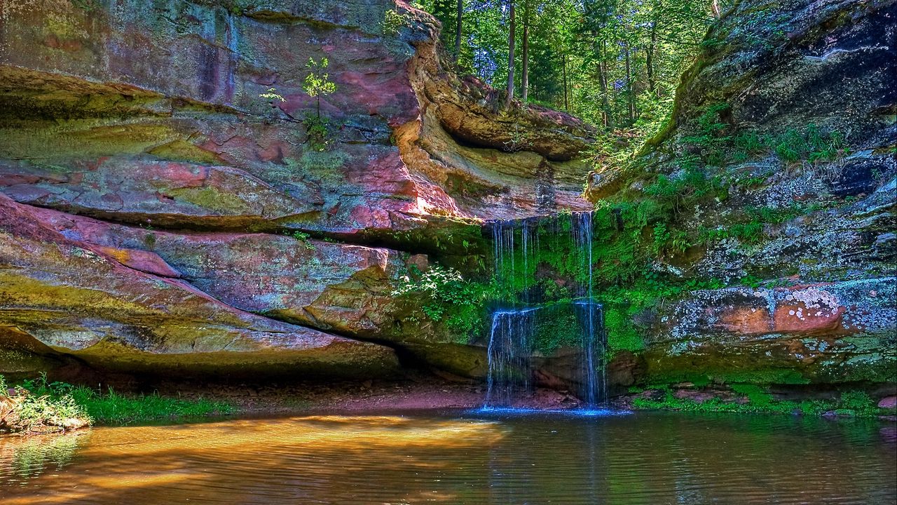 Обои водопад, река, разноцветный, камни