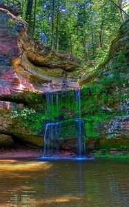 Превью обои водопад, река, разноцветный, камни
