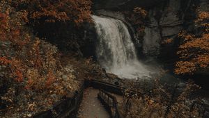 Превью обои водопад, река, скалы, деревья, лестница