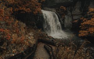 Превью обои водопад, река, скалы, деревья, лестница