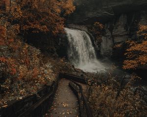 Превью обои водопад, река, скалы, деревья, лестница