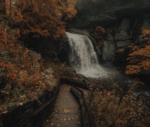 Превью обои водопад, река, скалы, деревья, лестница