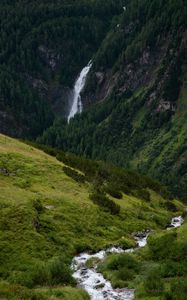 Превью обои водопад, река, скалы, деревья, трава