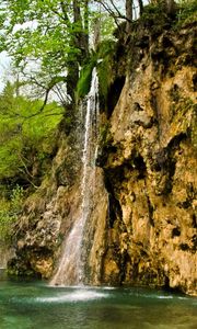 Превью обои водопад, река, течение, трава камни, деревья