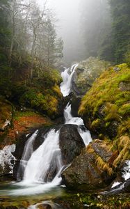 Превью обои водопад, река, туман, скалы, вода