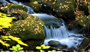 Превью обои водопад, ручей, камни, листья